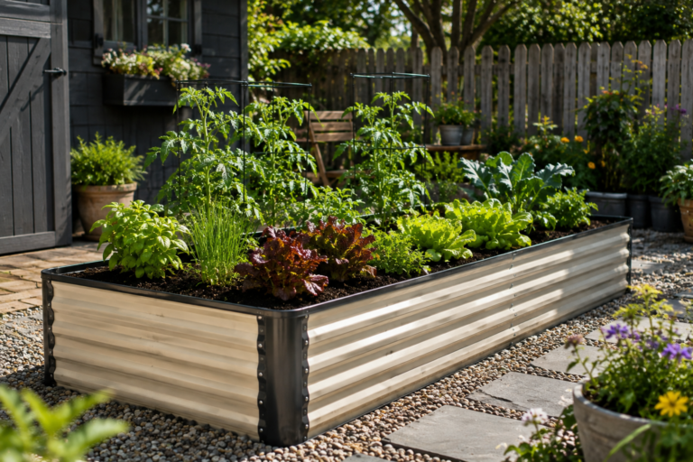 Metal raised garden bed filled with vegetables and herbs